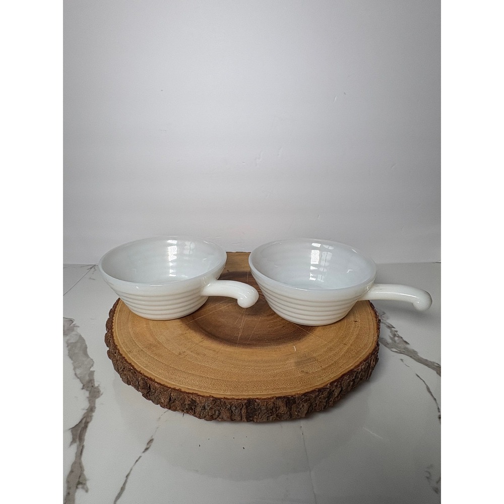 Vintage Fire-King Milk Glass Soup Chili Bowls with Handle White Ribbed Set of 2